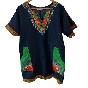 Lapogee Womens Ethnic Dashiki Tribal Navy Shift Dress Size M Pockets Denim